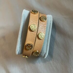 Tory Burch Tan Gold Leather Wrap Logo Stud Bracelet